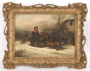 A Snow Scene With A Girl Riding A Sledge Pulled By Dogs