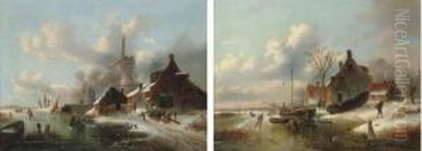 Figures Skating By A Windmill; And Skaters By A Farmstead On A Dutch Waterway - view 1