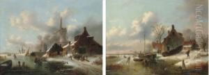 Figures Skating By A Windmill; And Skaters By A Farmstead On A Dutch Waterway by Alexis de Leeuw