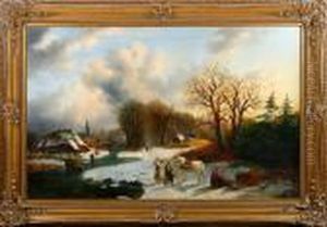 A Dutch Winter Scenery With Frozen River, Wood Gatherer And Figures. Signed by Alexis de Leeuw