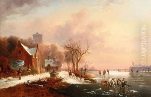 Winter Landscape With Figures, Horses And Sleighs On A Frozen Lake