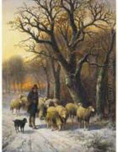 Schaapherder Met Kudde Bij Zonsondergang by Alexis de Leeuw