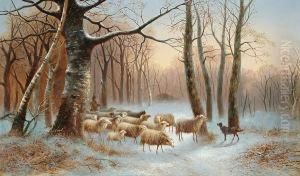 Drover And Sheep In A Wooded Landscape At Sunset by Alexis de Leeuw