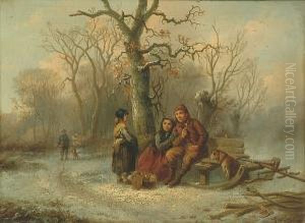 A Snow Scene With A Woodman Pausing For Lunch - view 1