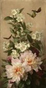 Still Life - Peonies And Butterflies by Paul De Longpre
