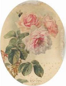 Pink Roses And A Bumblebee by Paul De Longpre