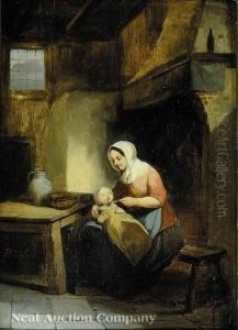 A Mother Feeding Her Child By The Kitchen Fire by Basile De Loose