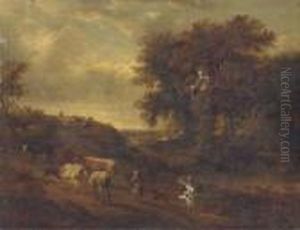 A Wooded Landscape With A Herdsman And His Cattle On A Track