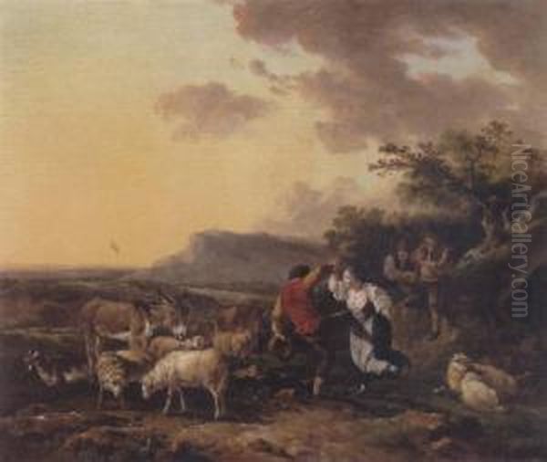 Shepherd And Shepherdess Dancing Amidst Their Flock In A Landscape - view 1