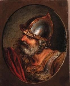Head Of A Roman Soldier, In A Painted Oval
Signed And Dated 'p.de Loutherbourg.pinx 1769.' by Loutherbourg, Philippe de