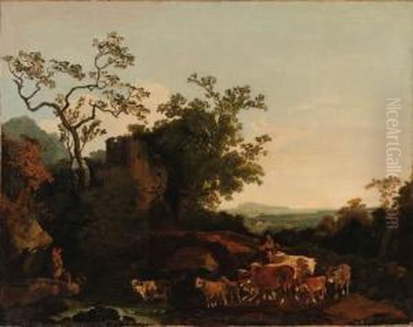 A Wooded River Landscape With A Herdsman Fording A Stream - view 1