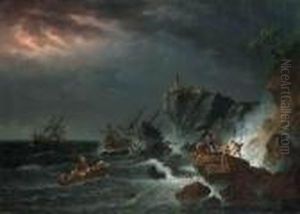 A Rocky Coast In A Storm With A 
Shipwrecked Sailing Boat Andfishermen Casting A Rope To A Rowing Boat In
 Peril