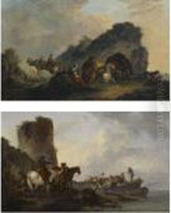 A Coastal Landcape With Figures Loading Boats Beside A Ruined Towers