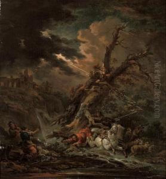 A Stormy River Landscape With A
Traveller Struck By Lightning, And A Rider And His Horse Floundering At A
Ford - view 1