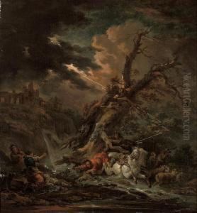A Stormy River Landscape With A
Traveller Struck By Lightning, And A Rider And His Horse Floundering At A
Ford by Philip Jacques de Loutherbourg
