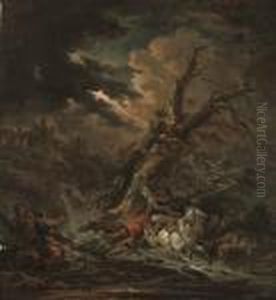A Stormy River Landscape With A Traveller Struck By Lightning by Philip Jacques de Loutherbourg