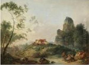 A Rocky Landscape With Herdsmen Resting Beside A Stream