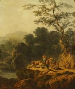 River Valley Landscape With 
Herdsman And Travellers,mules Cattle And Sheep On A Cliff Top Path, 
Trees And Mountainsbeyond