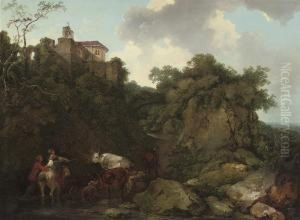 A Rocky Wooded Landscape With Peasants And Cattle On A Track, Aclassical Building Beyond by Philip Jacques de Loutherbourg