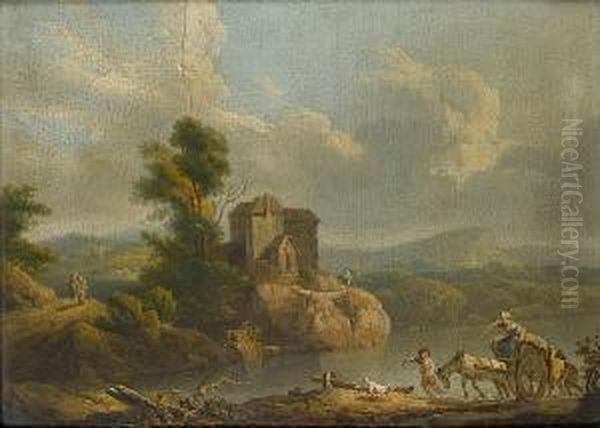 A River Landscape With A Horse
And Cart Foundering On A Country Path; And A Wooded Landscape With A
Horse And Cart Fording A River - view 1