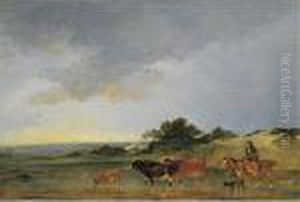 A Peasant Woman And Her Cattle Fording A Stream by Philip Jacques de Loutherbourg
