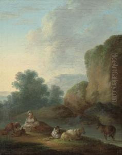 A River Landscape With A Shepherdess Resting With Her Flock - view 1