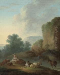 A River Landscape With A Shepherdess Resting With Her Flock A River Landscape With A Shepherdess Resting With Her Flock