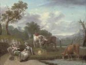 A Wooded River Landscape With Cattle And Figures In The Foreground, Cottages Beyond by Philip Jacques de Loutherbourg