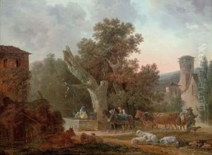 A Village Landscape With A Mule Leading Cattle, A Mother And Child At A Well