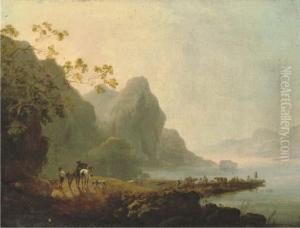 Wooded Lakeside Landscape With 
Figures And Horses In The Foregroundand Figures, Livestock And A Ferry 
Beyond by Philip Jacques de Loutherbourg