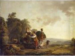 Travellers With Hounds And Heavily Laden Mules At A Well