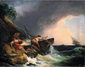 A Rocky Coastal Landscape In A
Storm With A Shipwrecked Sailing Boat And People In Distress Clinging
Onto A Rock by Philip Jacques de Loutherbourg