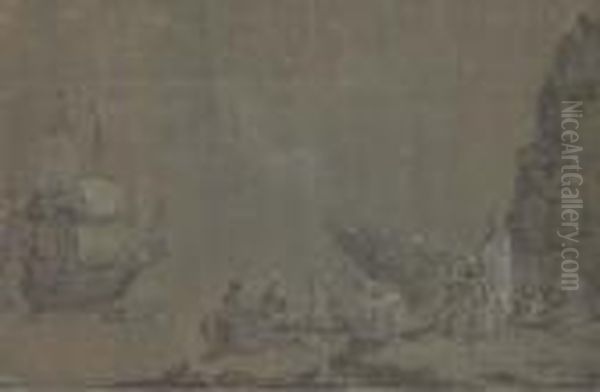 Des Marins Debarquant Des Ballots Sur Une Berge, Des Voiliers Dansle Fond - view 1