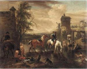 A Stormy Landscape With Shepherds And Their Flock Being Charged By A Bull by Philip Jacques de Loutherbourg