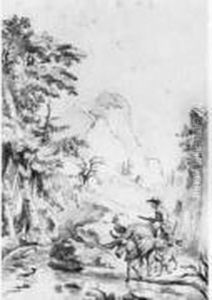 Homme Assis Sur Un Ane Traversant Une Riviere En Montagne by Philip Jacques de Loutherbourg