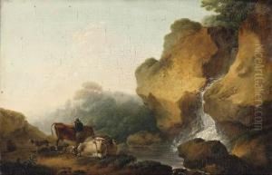 A Rocky Landscape With Herdsmen Resting Before A Waterfall by Philip Jacques de Loutherbourg