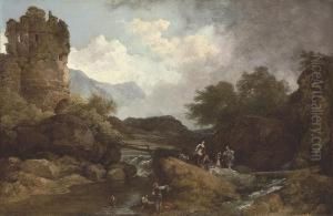 A Wooded River Landscape, With A Ruin And Travellers by Loutherbourg, Philippe de