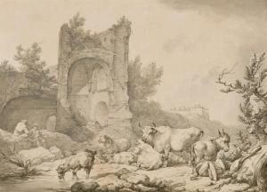 Troupeau D'animaux Dans Un Paysage En Ruines A Mondragon Endauphine by Loutherbourg, Philippe de