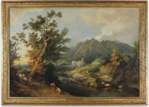 Landscape With Peasants By A River, A Castle Beyond