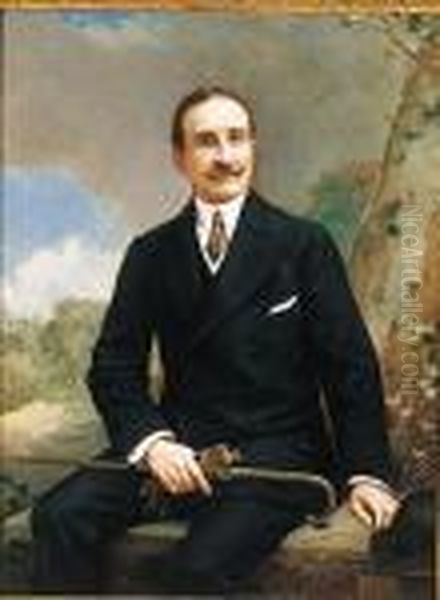 Retrato De Caballero De Tres Cuartos, Sentado, Con Baston Y Guantes En La Mano - view 1