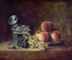 Still Life with a Basket of Peaches, White and Black Grapes with Cooler and Wineglass, c.1759