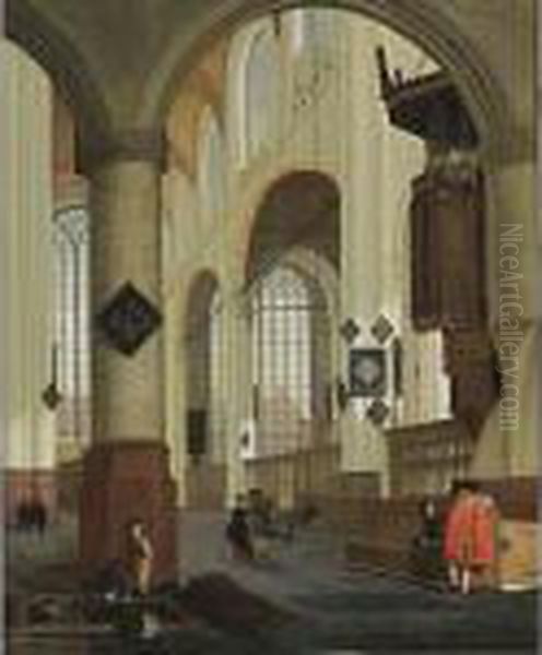The Interior Of The Oude Kerk In
 Delft, From The Southern Aisle To The Northern Transept, With Elegant 
Couples, And Men Digging In The Foreground - view 1