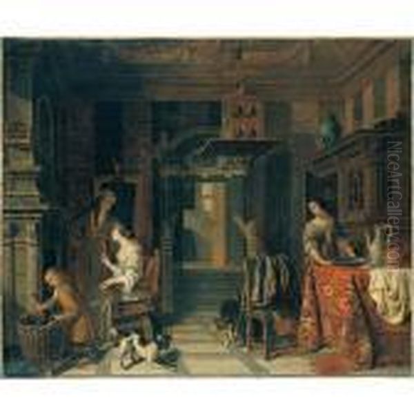 Interior Of An Elegant Townhouse
With A Lady And Gentleman Beside A Fire, A Servant Stacking Logs And A
Maid Beside A Table - view 1
