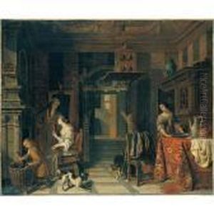 Interior Of An Elegant Townhouse
 With A Lady And Gentleman Beside A Fire, A Servant Stacking Logs And A 
Maid Beside A Table