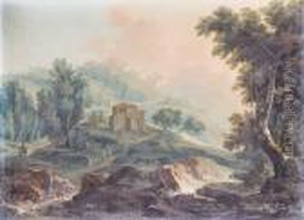 Paesaggio Boschivo Con Viandanti E Casolare In Lontananza - view 1
