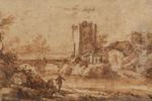 Paysage Fluvial A La Tour Lavis Brun Rouge - view 1