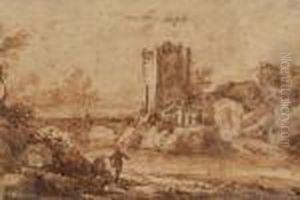 Paysage Fluvial A La Tour Lavis Brun Rouge by Alessio De Marchis
