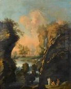 A Rocky River Landscape With Figures Restingbeside A Waterfall by Alessio De Marchis