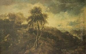 A Hunting Scene With Ruins Beyond; Travellers In A Landscape With A Town Beyond by Alessio De Marchis
