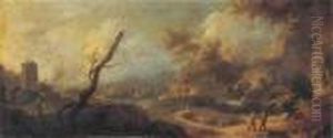 An Extensive Italianate River Landscape With Travellers On Atrack by Alessio De Marchis